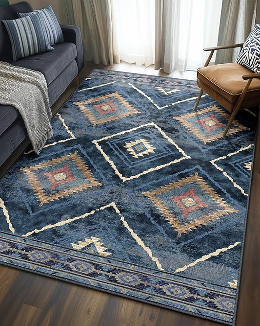 Area Rug 4x6 Rug Machine Washable Non-Slip Low Pile Print Pattern Western Rug for Living Room Bedroom Entryway Tribal Series -Darkblue