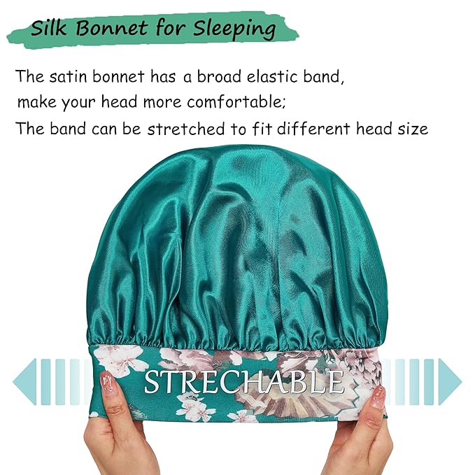 3 Pack Satin Bonnet Silk Hair Bonnet for Sleeping, Sleep Bonnets for Women Large Wide Soft Band Sleep Cap for Curly Hair Braids
