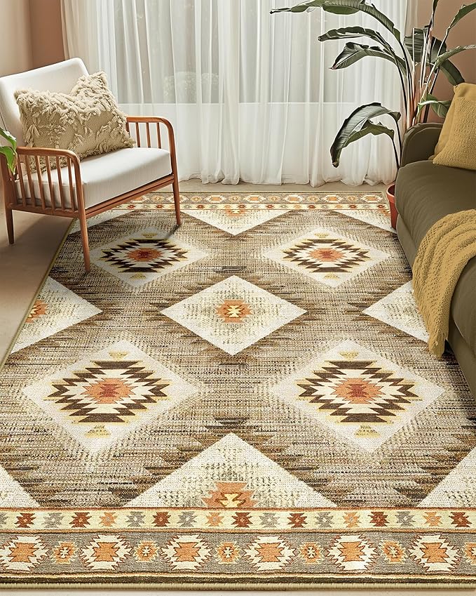 Area Rug 6x9 Rug Machine Washable Non-Slip Low Pile Print Pattern Western Rug for Living Room Bedroom Entryway Tribal Series -Cream/Camel