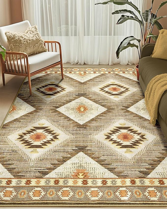Area Rug 6x9 Rug Machine Washable Non-Slip Low Pile Print Pattern Western Rug for Living Room Bedroom Entryway Tribal Series -Cream/Camel
