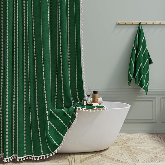 BTTN Boho Shower Stall Curtain - 36x72 Narrow Linen Thick Striped Tassel Fabric Shower Curtain Set with 6 Hooks, Modern Farmhouse Cottage Decorative Cloth Shower Curtains for Bathroom - Emerald Green