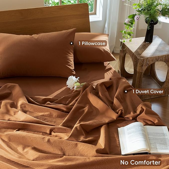 MooMee Bedding Duvet Cover Set 100% Washed Cotton Linen Like Textured Breathable Durable Soft Comfy (Solid Dark Orange, Twin 68"x90")