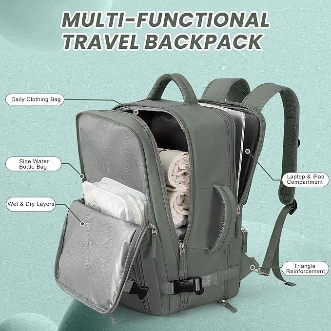 Beraliy Travel Backpack for Men Women, Airline Approved Personal Bag,17.3 Inch Laptop Backpack, Carry On Backpack for Hiking Overnight with USB Charging Hole, Olive-green