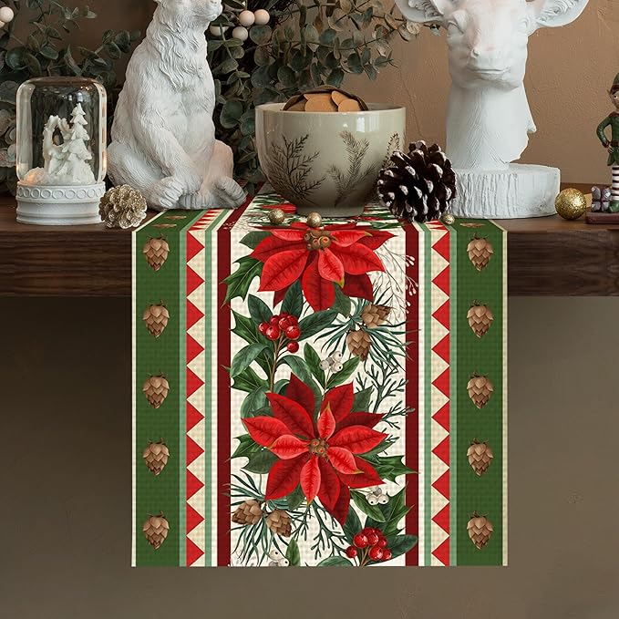 Christmas Flower Table Runner Burlap Kitchen Dining Linen Table Decoration for Indoor Outdoor Home Party Dinner 13x72 Inch