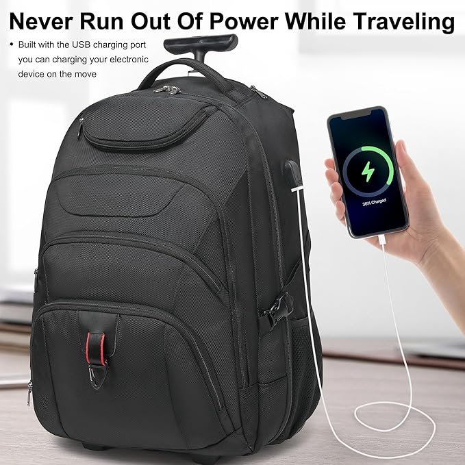 Boavan Wheeled Backpack,18.4 inch Water Resistant Rolling Backpack,Carry on Luggage Business Bag, Overnight College Computer Backpacks Trolley Suitcase for Men Women Adults to Travel，Black