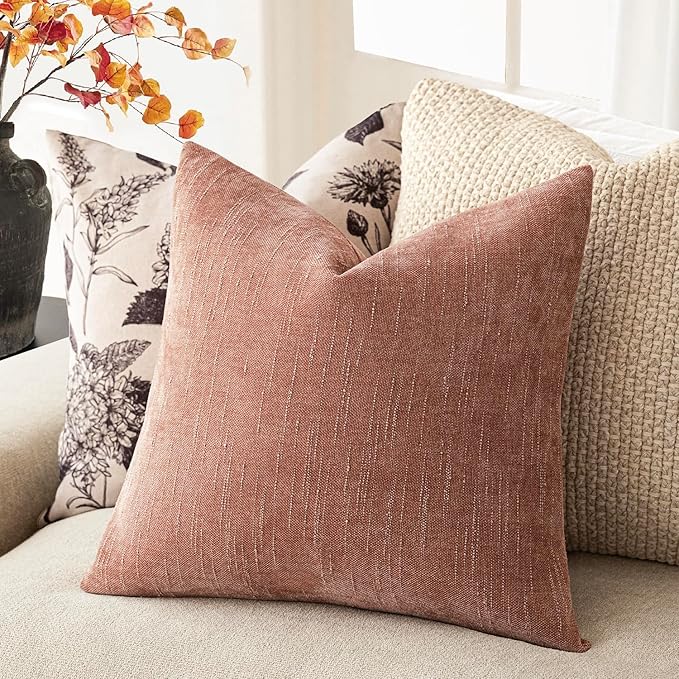 Foindtower Pack of 2 Textured Chenille Throw Decorative Pillow Covers Square Accent Solid Cushion Cover Neutral Farmhouse Pillow Case for Couch Sofa Bedroom Living Room 18x18 Inch,Dusty Pink