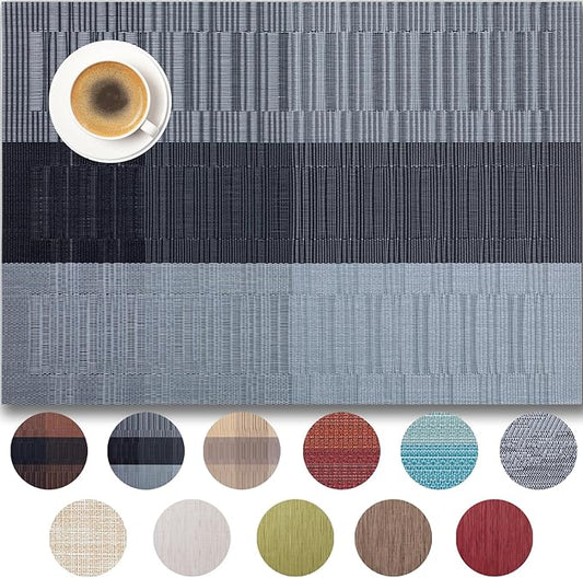 Placemats Set of 12 - Easy Clean Woven Vinyl Placemats for Dining Table, Indoor/Outdoor Place Mats, Washable PVC Table Mats （Silver Gray Black）