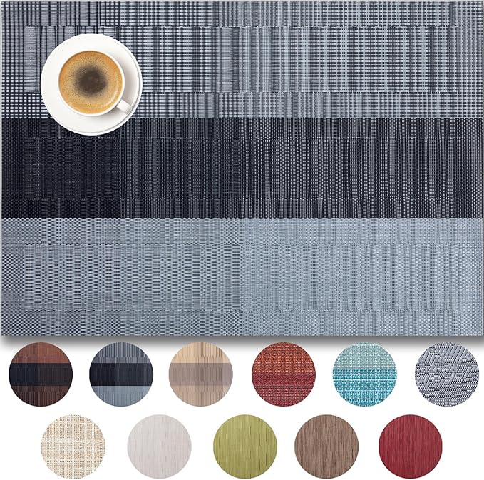 Placemats Set of 6 - Easy Clean Woven Vinyl Placemats for Dining Table, Indoor/Outdoor Place Mats, Washable PVC Table Mats （Silver Gray Black）