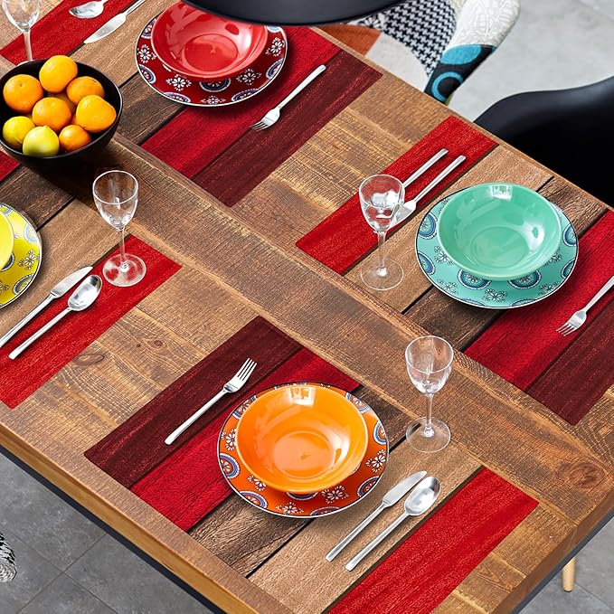 Giwawa Rustic Wood Placemats Set of 4- Retro Red Brown Wooden Board Linen Place Mat 12x18 Inch- Farmhouse Country Style Washable Heat Resistant Table Mats for Kitchen Dining Cabin Decor