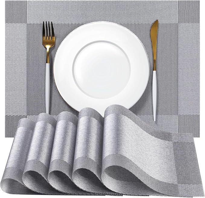 Placemats Set of 6 - Easy Clean Woven Vinyl Placemats for Dining Table, Indoor/Outdoor Place Mats, Washable PVC Table Mats （Silver Cube）