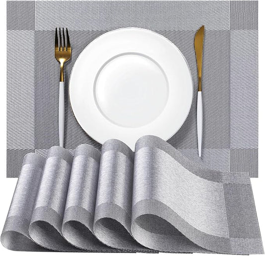 Placemats Set of 6 - Easy Clean Woven Vinyl Placemats for Dining Table, Indoor/Outdoor Place Mats, Washable PVC Table Mats （Silver Cube）