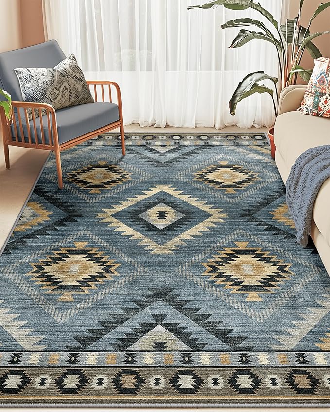 BESTSWEETIE Area Rug 9x12 Rug Machine Washable Non-Slip Low Pile Print Pattern Western Rug for Living Room Bedroom Navy/Grey