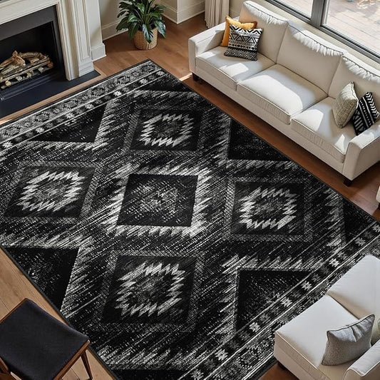 Area Rug 8x10 Rug Machine Washable Non-Slip Low Pile Print Pattern Western Rug for Living Room Bedroom Entryway Tribal Series -Black