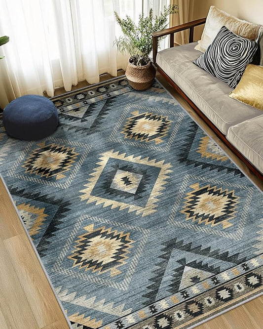 Area Rug 5x7 Rug Machine Washable Rug Non-Slip Low Pile Print Pattern Western Rug for Living Room Bedroom Entryway Tribal Series -Navy/Grey