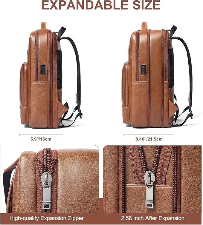 Shrrie Leather Laptop Backpack for Women and Men,28 L Travel Backpack Computer Bag Fits 16 inch Laptop,Expandable Casual Daypack with USB Port for Work Business Weekender College,Brown