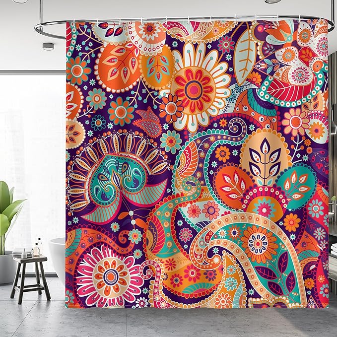 Aimego Boho Paisley Floral Shower Curtains - Mandala Indian Bohemian Colorful Flowers Bath Shower Curtain Set with 12 Hooks for Adults Kids Bathroom Decor Accessories, 72"x72"