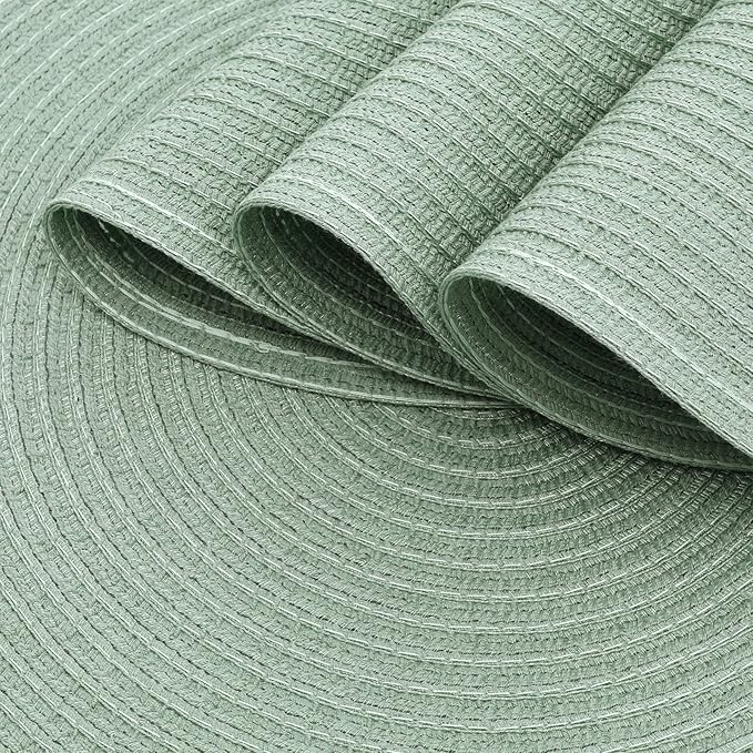 SHACOS Round Placemats Set of 6 Washable 15 inch Round Table Mats Cotton Polyester Woven Braided Place Mats for Dining Table, Sage Green