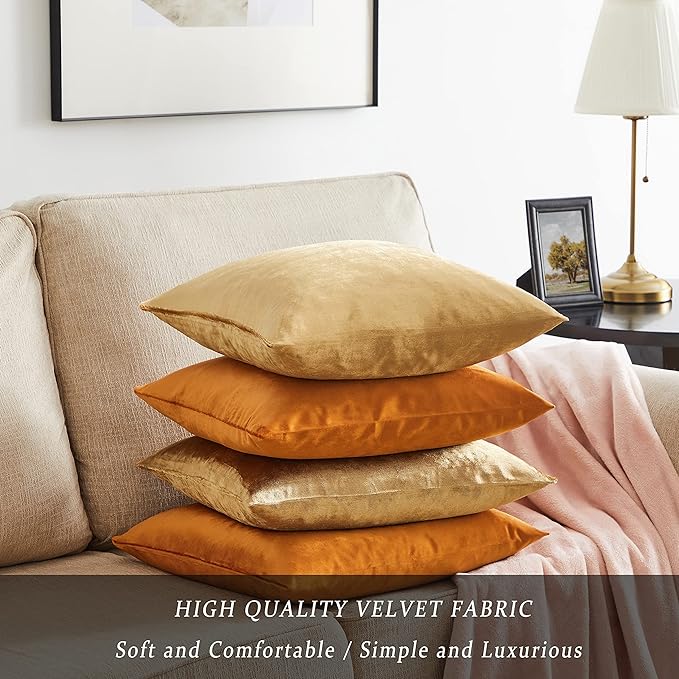 GIGIZAZA Velvet Gold Orange Pillow Covers 18x18，Pack of 4 Decorative Throw Pillow Soft Covers Square Couch Pillow Modern Covers Living Room Luxury Cushion Covers