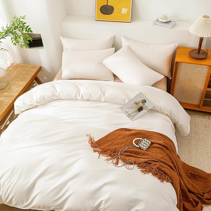 ECOCOTT White Duvet Cover Queen Size, 100% Washed Cotton 1 Duvet Cover with Zipper and 2 Pillowcases, Ultra Soft and Easy Care Breathable Bedding Set (White, Queen)