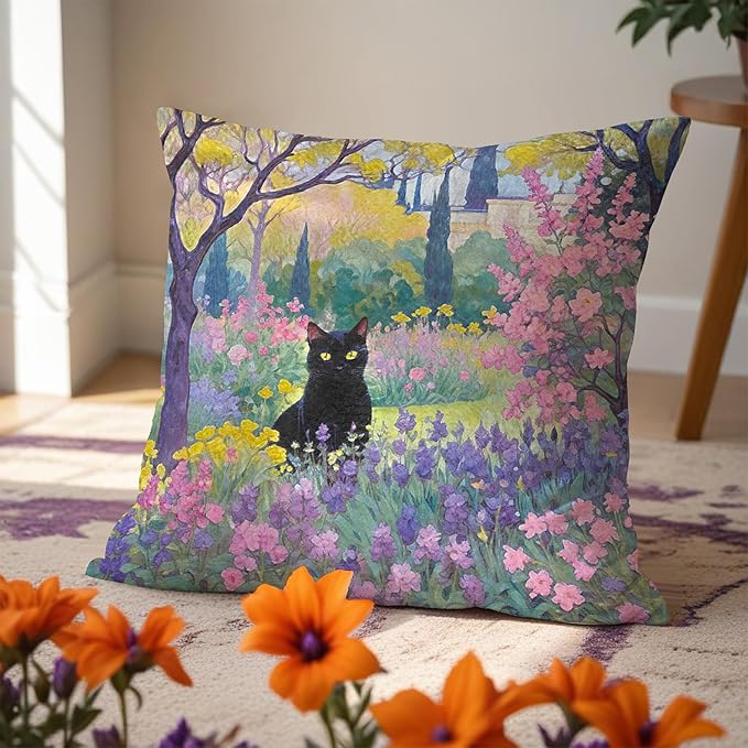 Spring Garden Black Cat Pillow Covers 18x18, Cats Lovers Lady Gifts, Cat Mom Grandma Gifts, Vintage Floral Cats Decorative Pillow Covers for Home Bedroom Living Room Office Decor