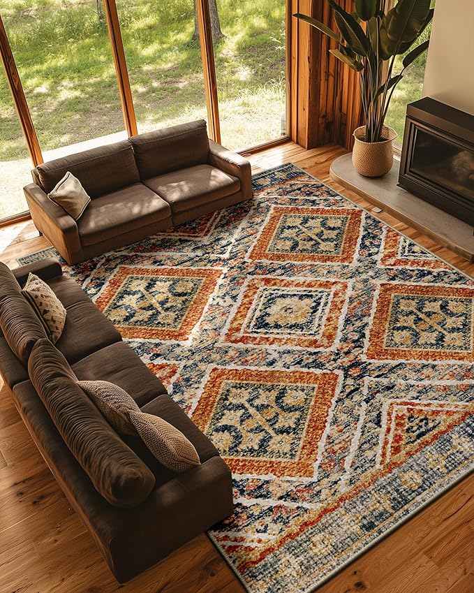 Area Rug 9x12 Rug Machine Washable Non-Slip Low Pile Print Pattern Western Rug for Living Room Bedroom Entryway Tribal Series -Orange/Brown