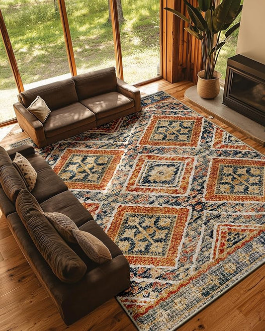 Area Rug 9x12 Rug Machine Washable Non-Slip Low Pile Print Pattern Western Rug for Living Room Bedroom Entryway Tribal Series -Orange/Brown