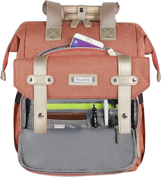 FALANKO Laptop Backpack for Women,15.6 inch Teacher Nurse School Waterproof Backpack,Large Womens Computer Backpack with Laptop Compartment,USD Charging Port,RFID Anti Theft Shoulder Orange Bags