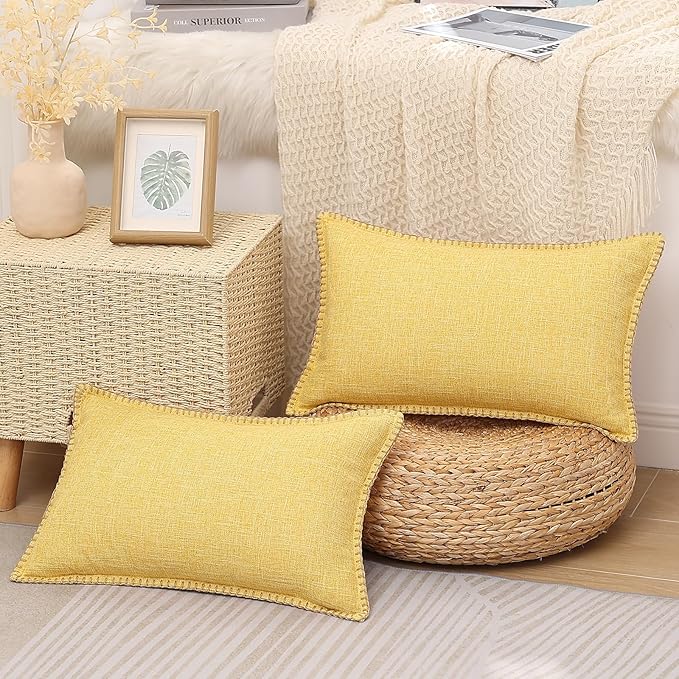 decorUhome Decorative Outdoor Throw Pillow Covers 12x20 Set of 2, Lumbar Linen Rustic Neutral Farmhouse Euro Pillow Covers with Stitched Edge for Couch, Sofa, Living Room, Mustard Yellow