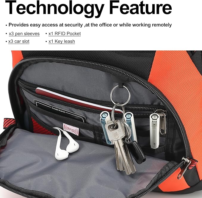 Boavan Laptop Backpack for men, 17.3 inch Laptop Bag with USB Port, Waterproof Travel Work Backpack Purse, Anti-Theft Teacher Nurse Doctor Casual Bookbags Office Business backpack，Black&Orange