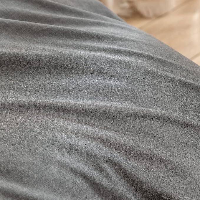 BESTOUCH Duvet Cover Set 100% Washed Cotton Linen Feel Super Soft Comfortable Chic Lightweight 3 PCs Home Bedding Set Solid Dark Grey Oversized Full