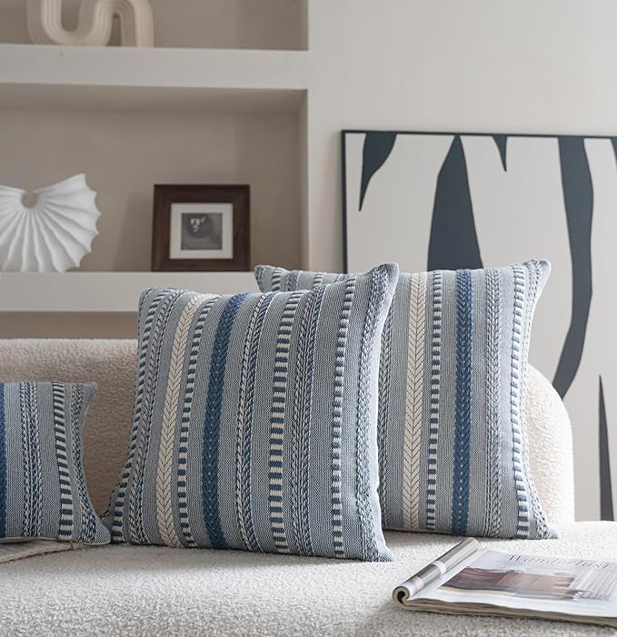 Boho Throw Pillow Covers 22x22 Inch Set of 2, Farmhouse Decorative Couch Pillow Cases, Blue Accent Pillows of Bed, Sofa Bedroom Living Room Home Decor Cushion Cover