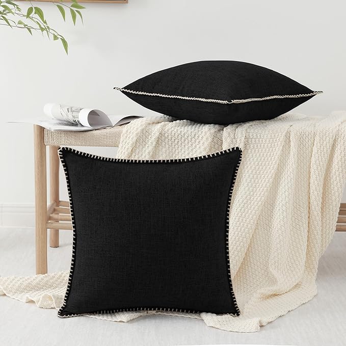 decorUhome Decorative Outdoor Throw Pillow Covers 18x18 Set of 2, Square Linen Rustic Neutral Farmhouse Euro Pillow Covers with Stitched Edge for Couch, Sofa, Living Room, Black