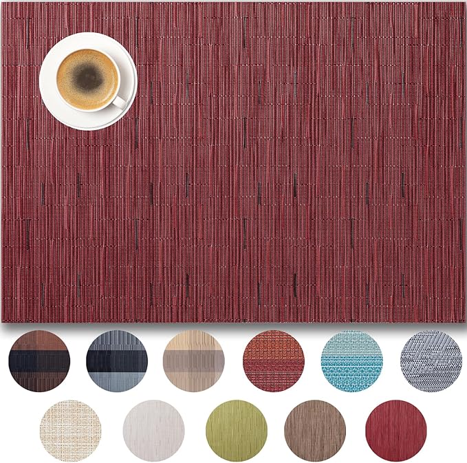 Placemats Set of 8 - Easy Clean Woven Vinyl Placemats for Dining Table, Indoor/Outdoor Place Mats, Washable PVC Table Mats （Burgundy）