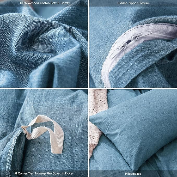 MooMee Bedding Duvet Cover Set 100% Washed Cotton Linen Like Textured Breathable Durable Soft Comfy (Heathered Peacock Blue, Cal King 104"x98")