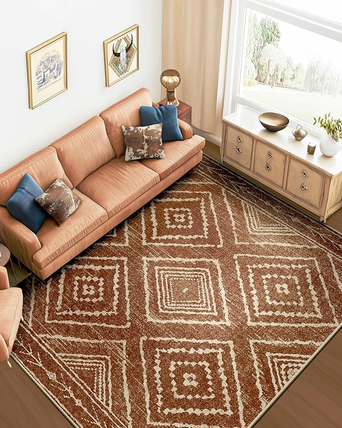 Area Rug 10x14 Rug Machine Washable Non-Slip Low Pile Print Pattern Western Rug for Living Room Bedroom Entryway Tribal Series -Yellowbrown/Cream