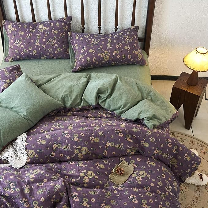 mixinni Vintage Floral Duvet Cover Queen Set - Purple & Green Reversible Jacquard, 100% Yarn-Dyed Double-Layer Cotton, Breathable Luxury Bedding (3-Piece, Includes 2 Pillowcases) Farmhouse & Bohemian