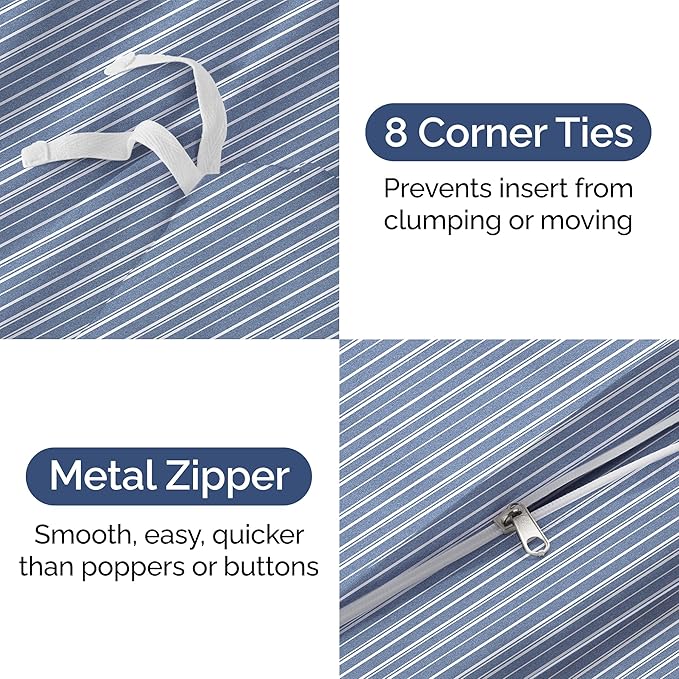 Duvet Cover Queen Size Set - Extra Soft Queen Size Duvet Cover 90 x 90 with 2 Pillow Shams - Hotel Luxury Easy Care & Fade Free w/Zipper Closures & Ties - Comfy Breathable Bedding Set (Blue Stripes)