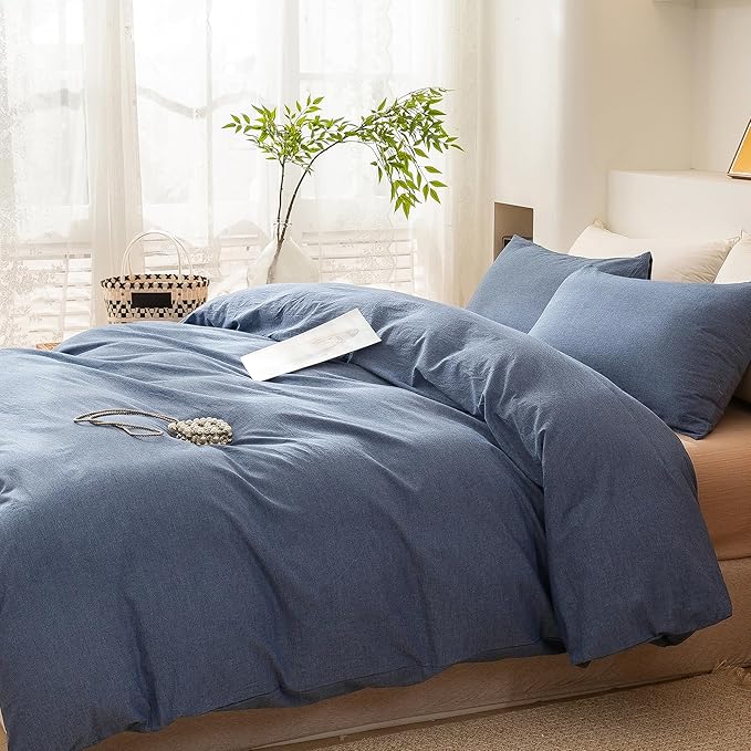 ECOCOTT Denim Blue Duvet Cover King Size, 100% Washed Cotton 1 Duvet Cover with Zipper and 2 Pillowcases, Ultra Soft and Easy Care Breathable Cozy Bedding Set (Denim Blue, King)