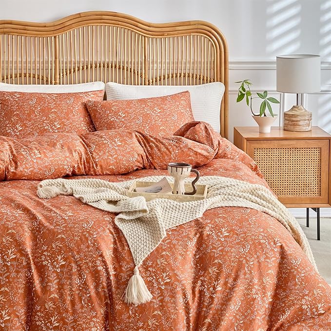 mixinni 3 Pieces Duvet Covers Full Size, 100% Cotton Comforter Cover Wildflower Printed on Pumpkin Floral Bedding Set with Zipper Closure 4 Ties (1 Duvet Cover 80"x90", 2 Pillow Cases 20"x26")