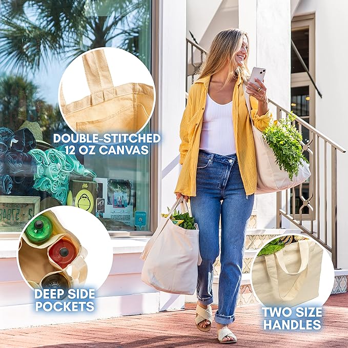 VeraMia Canvas Grocery Bag 3pc XL Set with Real Pockets, Long Shoulder Strap and Short Handle. Heavy Duty, Foldable, Washable