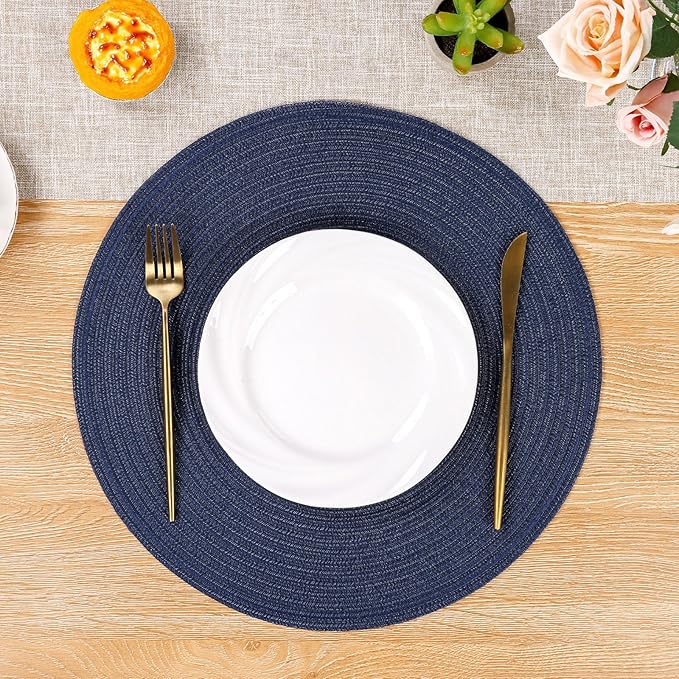 SHACOS 15 inch Navy Blue Round Placemats Set of 12 for Dining Table Woven Braided Circle Place Mats Kitchen Placemat Washable Table Mats