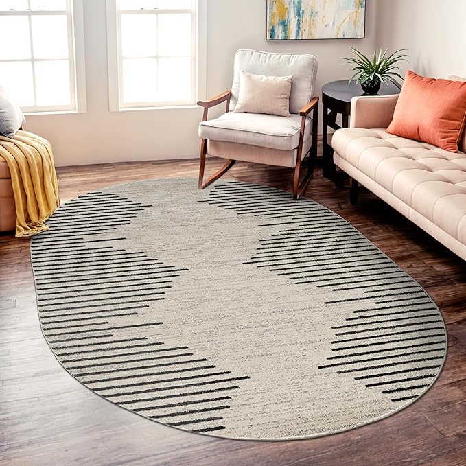 Rugshop Bohemian Stripe Stain Resistant High Traffic Living Room Kitchen Bedroom Dining Home Office Oval Rug 5' x 7' Cream