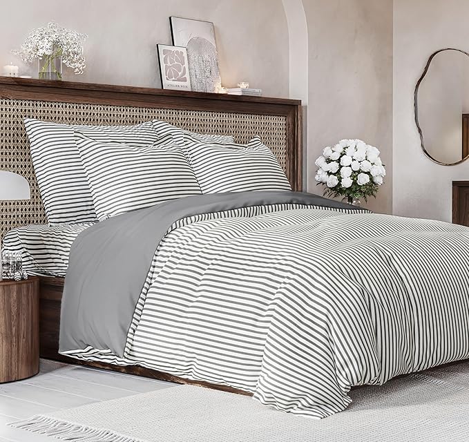 Duvet Cover King Size Set - Extra Soft King Size Duvet Cover 104 x 90 with 2 Pillow Shams - Hotel Luxury Easy Care and Fade Free w/Zipper Closures & Ties - Comfy Breathable Bedding Set (Grey Stripes)