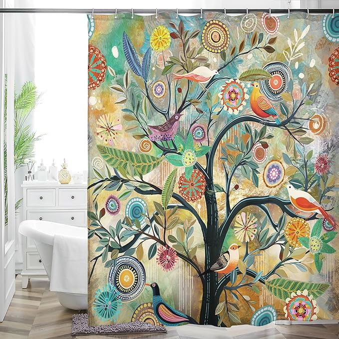 Bohemian Bathroom Curtain Colorful Boho Floral Print Beautiful Bright Polyester Fabric Cloth Shower Curtain for Bathroom Decoration, 72"x72"