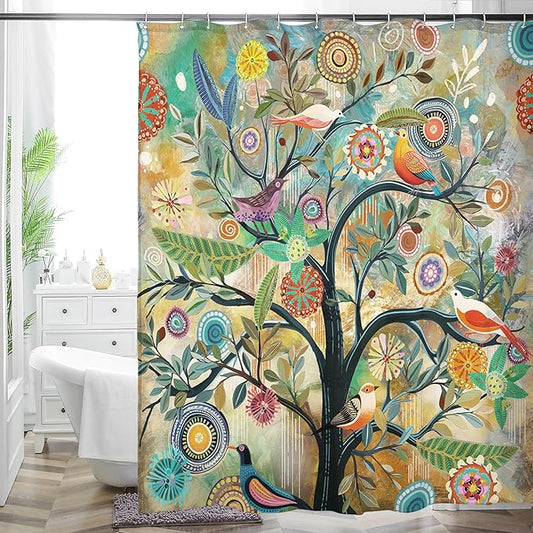 Bohemian Bathroom Curtain Colorful Boho Floral Print Beautiful Bright Polyester Fabric Cloth Shower Curtain for Bathroom Decoration, 72"x72"