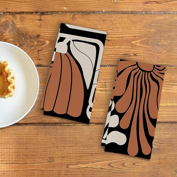 Black and White Floral Kitchen Towels, Retro 70s Groovy Hand Towels for Bathroom Decor, Modern Minimalist Botanical Dish Tea Towels for Kitchen Decor(16×24 Set of 2)