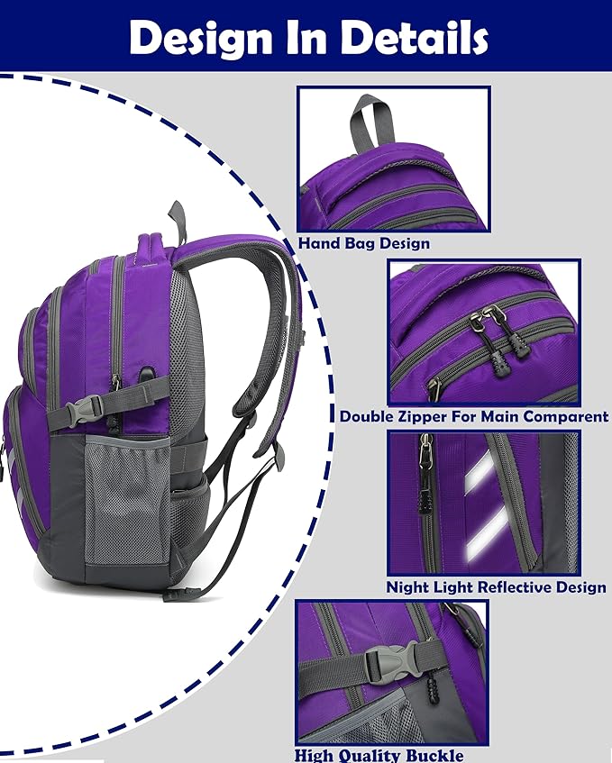 Backpack Bookbag for College Laptop Travel, Fit Laptop Up to 15.6 inch with USB Charging Port Multi Compartment Anti theft, Gift for Women Men (Purple)