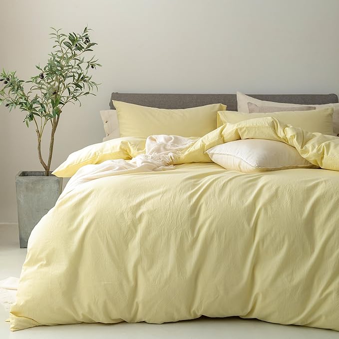 FOSSA Duvet Cover Set 100% Washed Cotton Linen Feel Super Soft Breathable Cozy 3 Pieces Bedding Sets Solid Pastel Yellow Full/Double