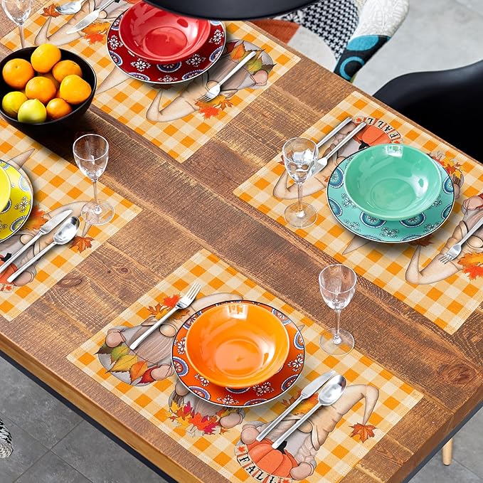 Giwawa Fall Gnome Placemats Set of 4- Autumn Thanksgiving Pumpkins Maple Leaves Table Mats 12"x18"- Orange White Checkered Plaids Linen Heat Resistant Place Mat for Kitchen Dining Farmhouse Decor