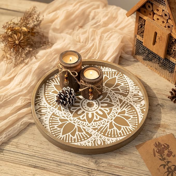 Hanobe Round Decorative Tray for Centerpiece: Boho Coffee Table Trays for Home Decor - Farmhouse Wood Serving Platter Rustic Circle Bohemian for Kitchen Counter Women